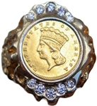 Elvis Presleys Diamond Ring With Inset of an 1859 Dollar Coin -- Includes LOA From Dave Hebler